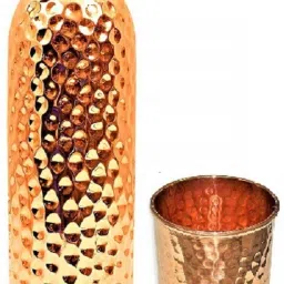 100% HAND MADE HAMMERED COPPER BOTTLE ( 1000 ML) WITH 1 PCS HAMMERED COPPER GLASS (350 ML) Jug Glass Set-17