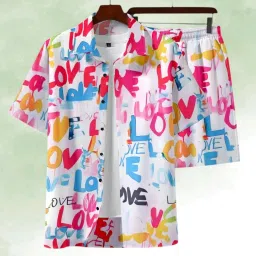 Men Top & Shorts Set White Printed-image-6