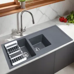 12mm Thick Quartz Double Bowl with Drainboard Kitchen Sink (45 x 20 x 9 Inches) Natural Smoke Grey Granite Stone Matt Finish Double Bowl with Drainboard Sink Vessel Sink-image-63