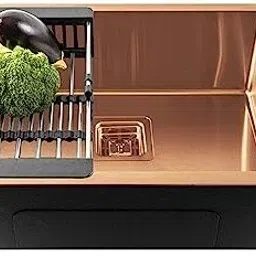 Kitchen Sink With Waste Coupling And drain Frute basket (24" X 18" X 10"Inch ) 304 GRADE HANDMADE Stainless Sink (ROSE GOLD MATT FINISH) Wall Hung Basin-image-8