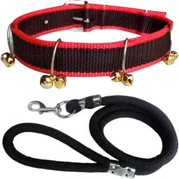 Dog Belt Combo of Red Black Ghungroo Collar with Black Lead 1.5m Lengthy Dog Collar & Leash-22