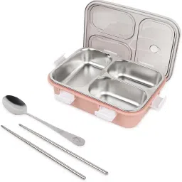 Leak Proof 3 Compartment Stainless Steel Tiffin Boxes With (1 SPOON & CHOPSTICK) 3 Containers Lunch Box-20