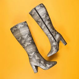 9 Cm Faux Leather Material, Sanke Print Grey Casual Formal Slipon Knee Boot Boots For Women-image-47