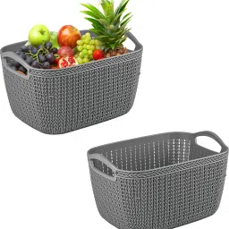 Plastic Pack of 2 Multi-Purpose Plastic Basket for Storage Q6 | (10 LTR) Grey Storage Basket-image-52