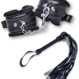 premium leather black handcuff & flogger combo-image-20