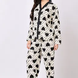 lugo Women Night Suit Set Beige, Black Printed-picture-5