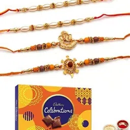Religious Rakhi Set of 4 for Brother with Chocolate Gift Combo Gold Chawal Roli Pack Set-image-22