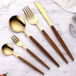 LYBAA 5 pcs Golden Flatware Cutlery Set, Stainless Steel with Wooden Handle Stainless Steel Cutlery Set-picture-30