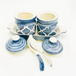 shadowgreen Ceramic Jar set 2 Jar with Lid 2 Spoon 1 Tray multipurpose Grey Design Container Serving Set image 2
