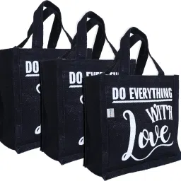 Lunch Bag|Jute Fabric |Hand bag with Handle ,Pack of 3 (Black) Lunch Bag-image-16