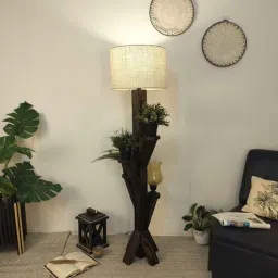symplify Woods Wooden Floor Lamp with Brown Base and Jute Fabric Lampshade-picture-45