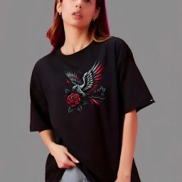 Women Self Design Round Neck Pure Cotton Black T-Shirt-image-7