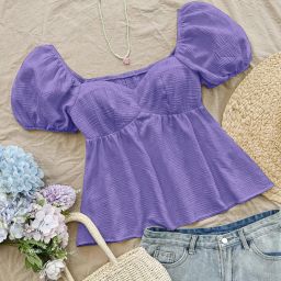 Casual Puff Sleeves Solid Women Pink Top-image-30