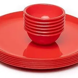 Pack of 12 Plastic Microwave Safe and Unbreakable Red Round Full Plates with Bowl - Pack of 6 Plates nd 6 Bowl Set- 12 Pieces Dinner Set-5
