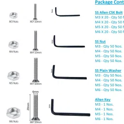 gsk cut Nut & Bolt Set SS 202 Allen CSK Bolt Size M3/M4/ M5/M6 X 20mm Length Bolt with Nut, Washer & Allen Key Set of 604 pcs Kit image 2