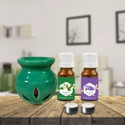 PEEPRESION Green T Light Holder With Lavender & Jasmine Scented Aroma Oil(10ml Each) Home, Office, Spa, Hotel, Club, Studio, Parlour Diffuser-90