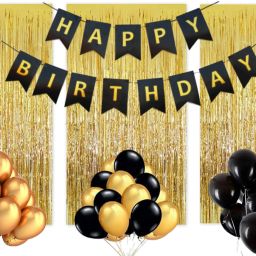 Happy Birthday Banner with 2 Metallic Curtain and 30 Balloons of Gold and Black Combo for Birthday Decorations-image-3