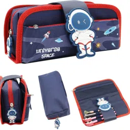 Astronaut Theme Multi-layer Stationery Storage Case For Kids, Detachable Compartment With The Help of Velcro, Multicolor & Design, RP1016 Art Polyester Pencil Box-32