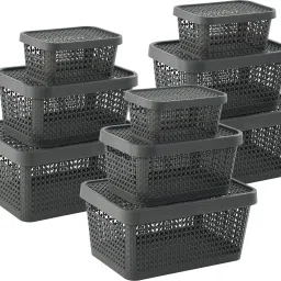 Plastic Set of 9 Stackable Plastic Basket for Storage with Lid | Grey Storage Basket-image-3