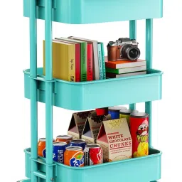 3 Tier Utility Cart Plastic Tray Organizer Trolley with Handle Lockable Wheels Plastic, Steel Kitchen Trolley-image-4