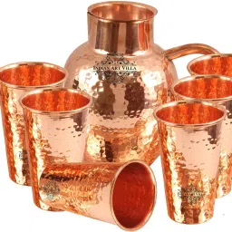 Copper Jug With 6 Glass, Hammered Surai Design, Diwali Anniversary Party Christmas Gift Set Box, 7 Pieces, Brown Jug Glass Set-image-69