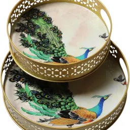 sanctum copper string usb Brass Golden Peacock Print Color Round Tray (Microwave Safe) PACK OF 2 Tray Tray Serving Set image 2