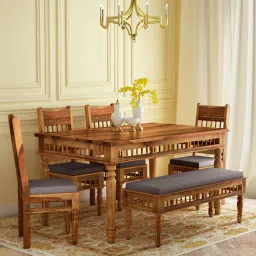 mudramark from pepperfry Aramika Sheesham Wood 6 Seater Dining Set In Scratch Resistant Rustic teak Finish With Bench-picture-30