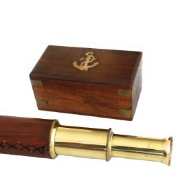 Shoptreed 6" Handheld Vintage Brown leather Brass Telescope with Wood Box - Pirate Navigation Collectible Catadioptric Telescope-27