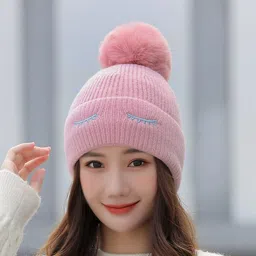 Women's stylish winter woolen cap soft warm fur inside pom-pom on top for girls Woven Beanie-image-73