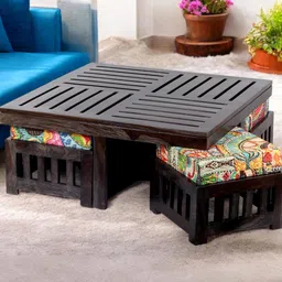 Ikiriya Black Wooden Dark Mahagony Finish Square Coffee Table with Stool and Cushions-32