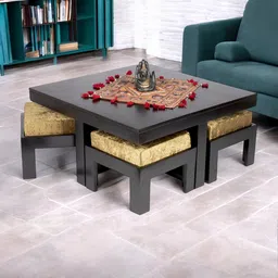 Ikiriya Black Wooden Dark Mahagony Finish Square Coffee Table With Stool and Cushions-image-78