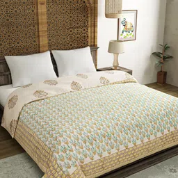 BLOCKS OF INDIA Off White & Brown Floral Mild Winter 350 GSM Pure Cotton Double Bed Quilt-image-95