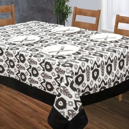 SHADES of LIFE White & Black Ikkat Printed 4 Seater Pure Cotton Table Cover-5