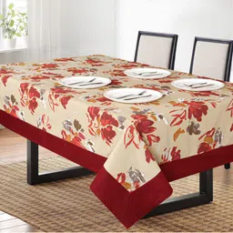 SHADES of LIFE Red & Beige 6-Seater Floral Printed Rectangle Cotton Table Cover-32