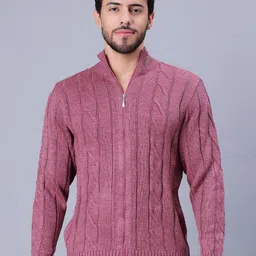 Bharatasya Mock Collar Cable Knit Self Design Front-Open Sweater-picture-11