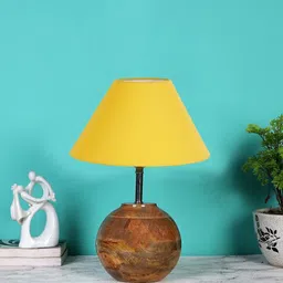 Devansh Yellow & Brown Wooden Table Lamp With Cotton Shade-26