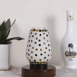 Devansh White & Brown Printed Wooden Round Table Lamp With Mosaic Glass-15