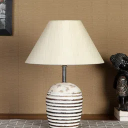 Devansh Off-White & Brown Textured Wooden Table Lamp With Cotton Shade-13