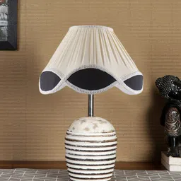 Devansh White & Brown Textured Wooden Table Lamp With Cotton Shade-25