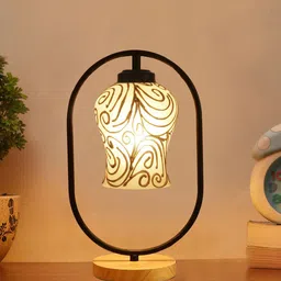 Devansh White & Metallic Toned Glass Wooden & Iron Table Lamp-44