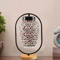 Devansh White & Metallic Toned Textured Glass Wooden & Iron Table Lamp-38