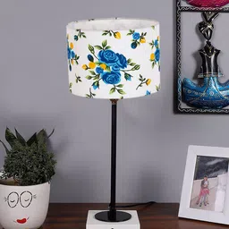 Devansh White & Blue Printed Wooden Table Lamp With Cotton Shade-46