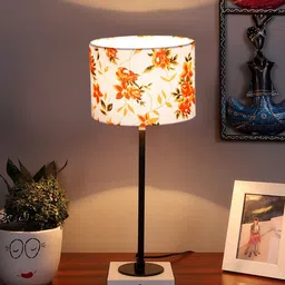 Devansh White & Orange Printed Wooden Table Lamp With Cotton Shade-31