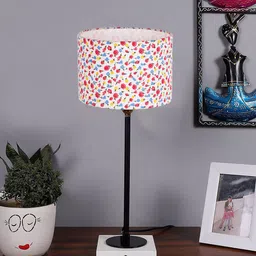 Devansh White Floral Printed Cotton Table Lamp With Wooden Base-23
