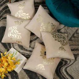 hosta homes Cream Velvet Geometric 16X16 Inches Cushion Covers (Pack of 5)-picture-5