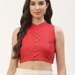 Molcha Women Red Solid Mandarin Collar Sleeveless Saree Blouse-image-52