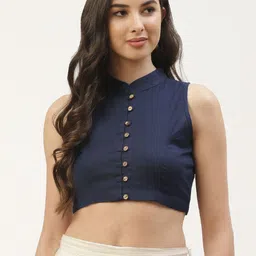 Molcha Women Navy Blue Solid Mandarin Collar Sleeveless Saree Blouse-image-22