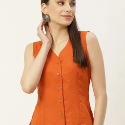 Molcha Rust Non Padded Front Open Cotton Long Blouse-image-32