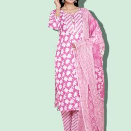 Women Cotton Blend Kurta Pyjama Dupatta Set-image-99