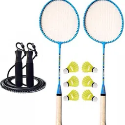 Bullet Multicolour Set of 2 Rackets with 6 PVC Shuttle and Skipping Rope Badminton Kit-image-57
